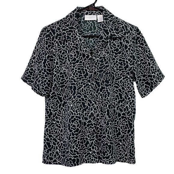 Vintage 90s Worthington Mod Floral Black White Button Up Shirt Womens PM - Picture 1 of 4